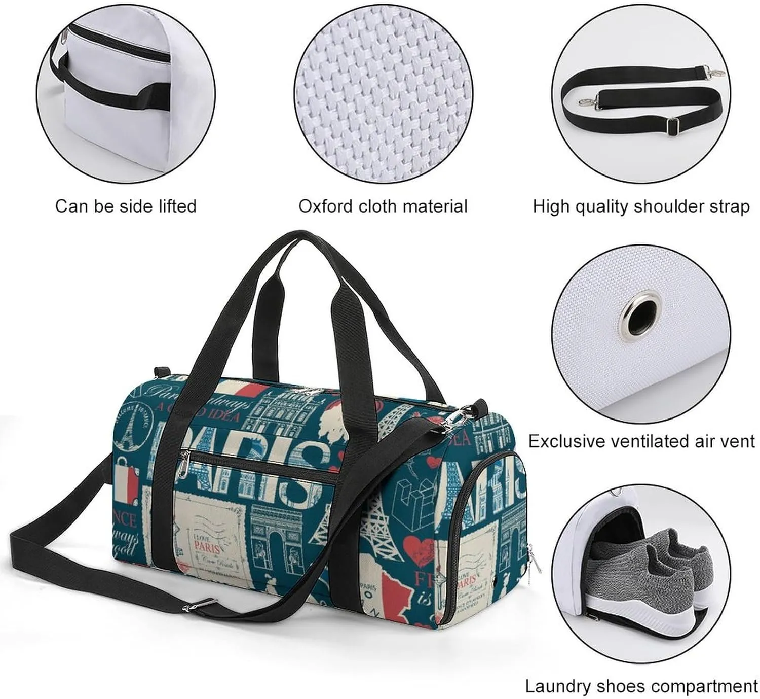 Travel Duffel Bag France Theme with Shoe Compartment and Wet Pocket for Gym
