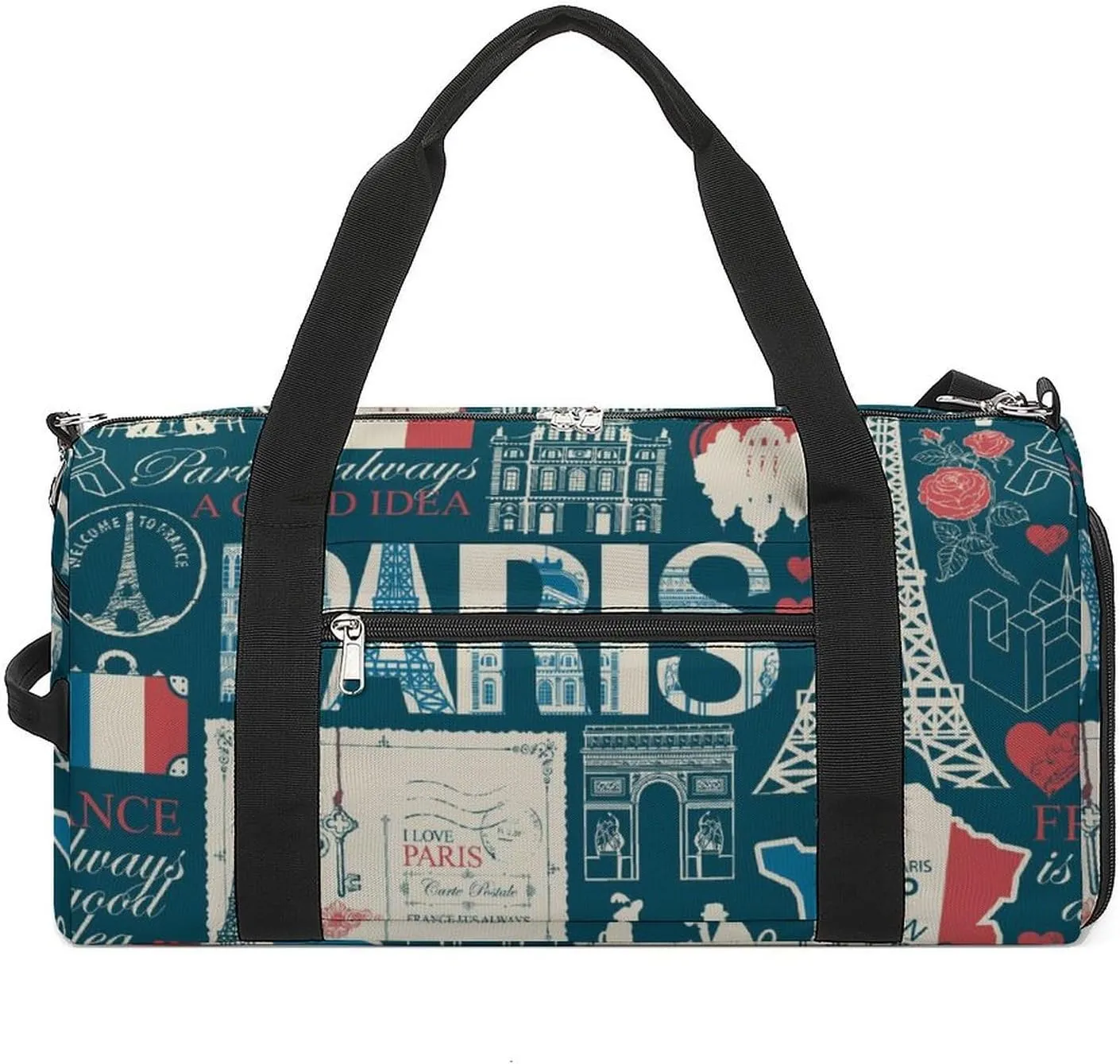 Travel Duffel Bag France Theme with Shoe Compartment and Wet Pocket for Gym