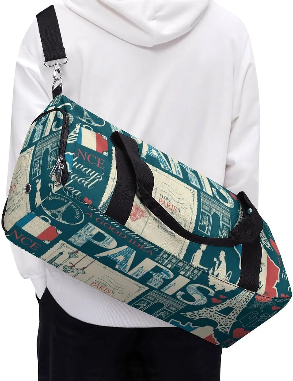 Travel Duffel Bag France Theme with Shoe Compartment and Wet Pocket for Gym