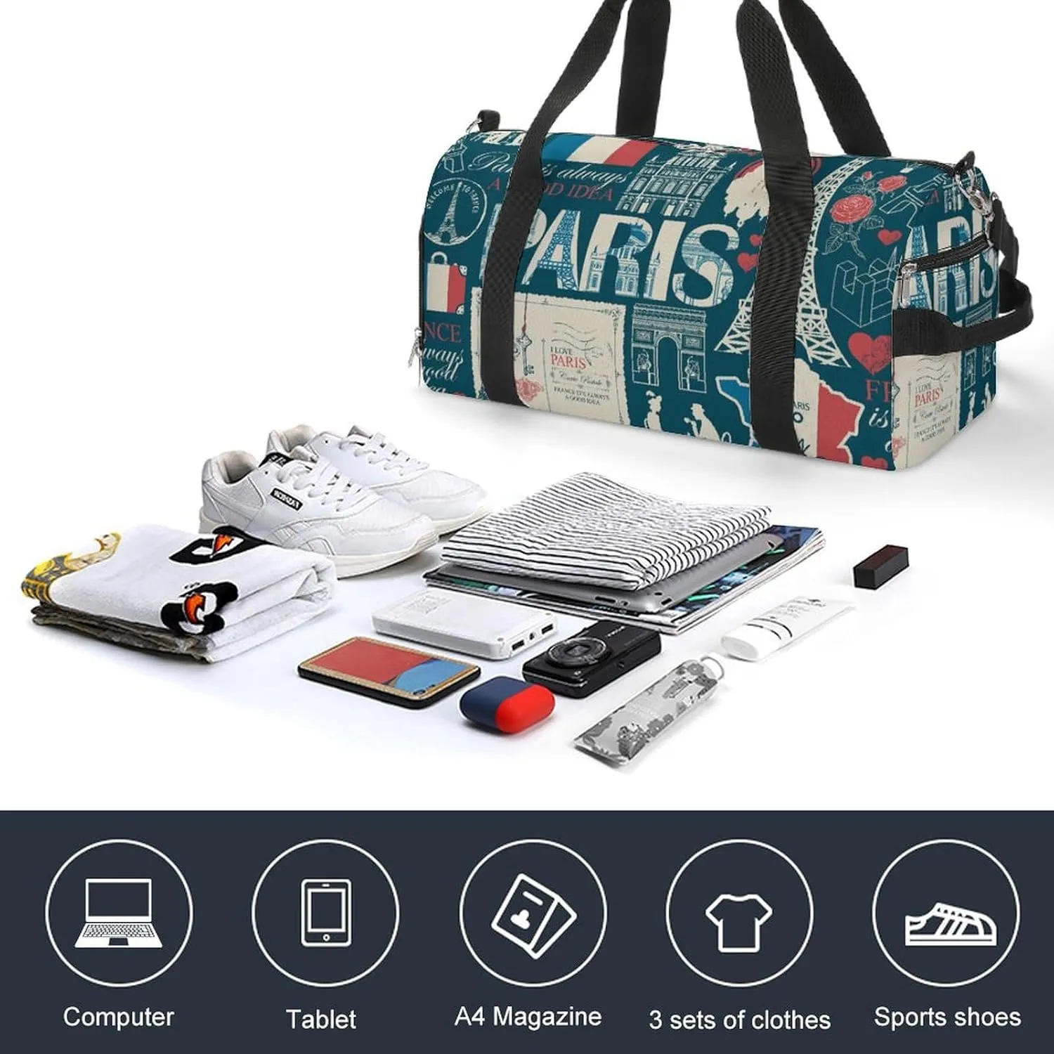 Travel Duffel Bag France Theme with Shoe Compartment and Wet Pocket for Gym