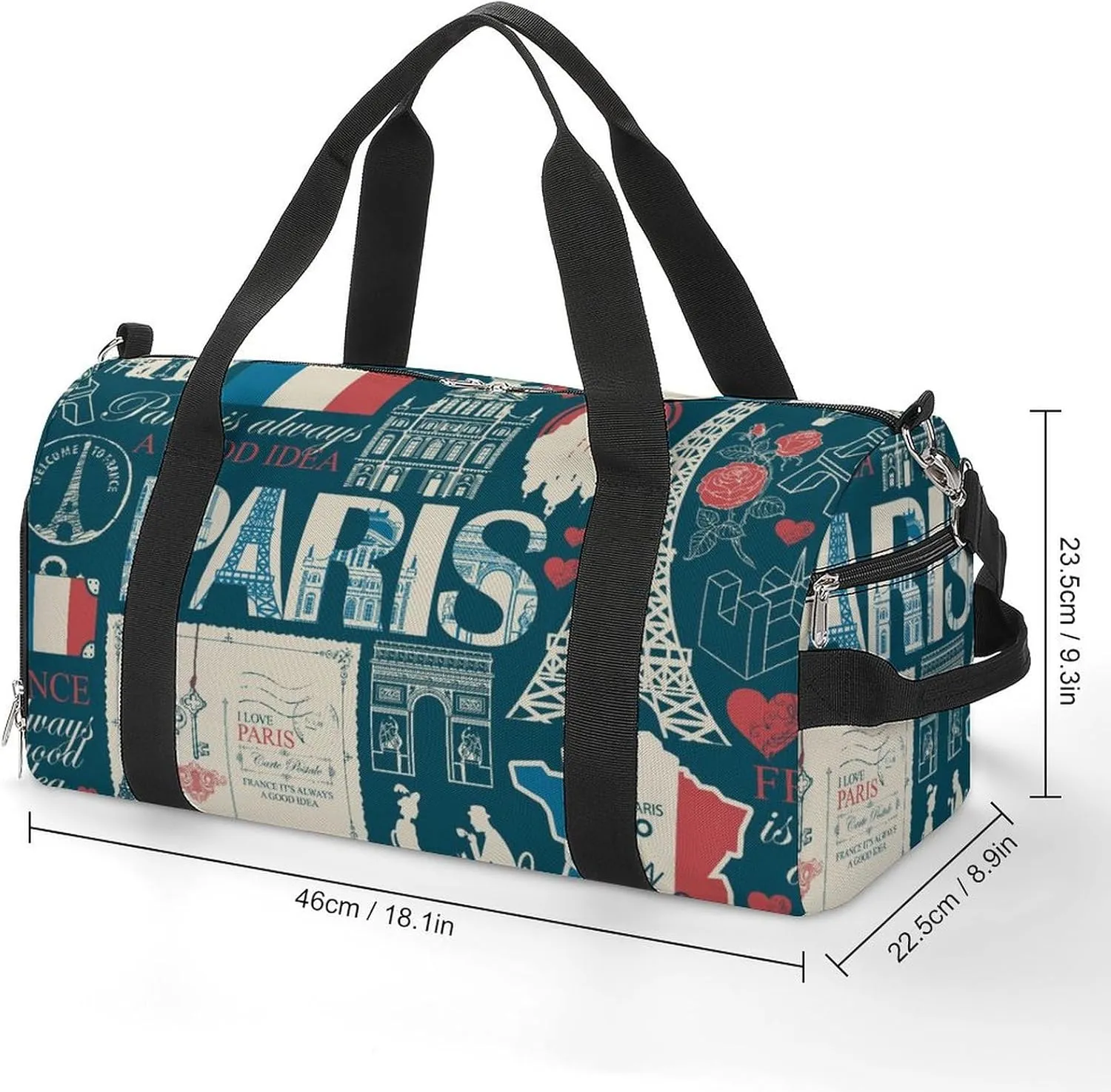 Travel Duffel Bag France Theme with Shoe Compartment and Wet Pocket for Gym