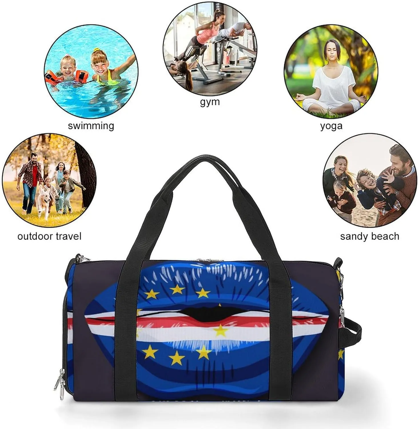 Travel Duffel Bag with Cape Verde Flag Lips for Women and Men Shoe Compartment and Wet Pocket