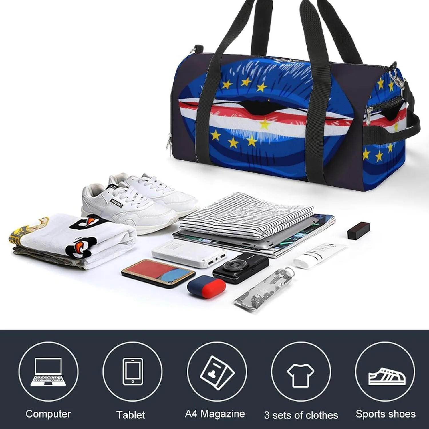 Travel Duffel Bag with Cape Verde Flag Lips for Women and Men Shoe Compartment and Wet Pocket