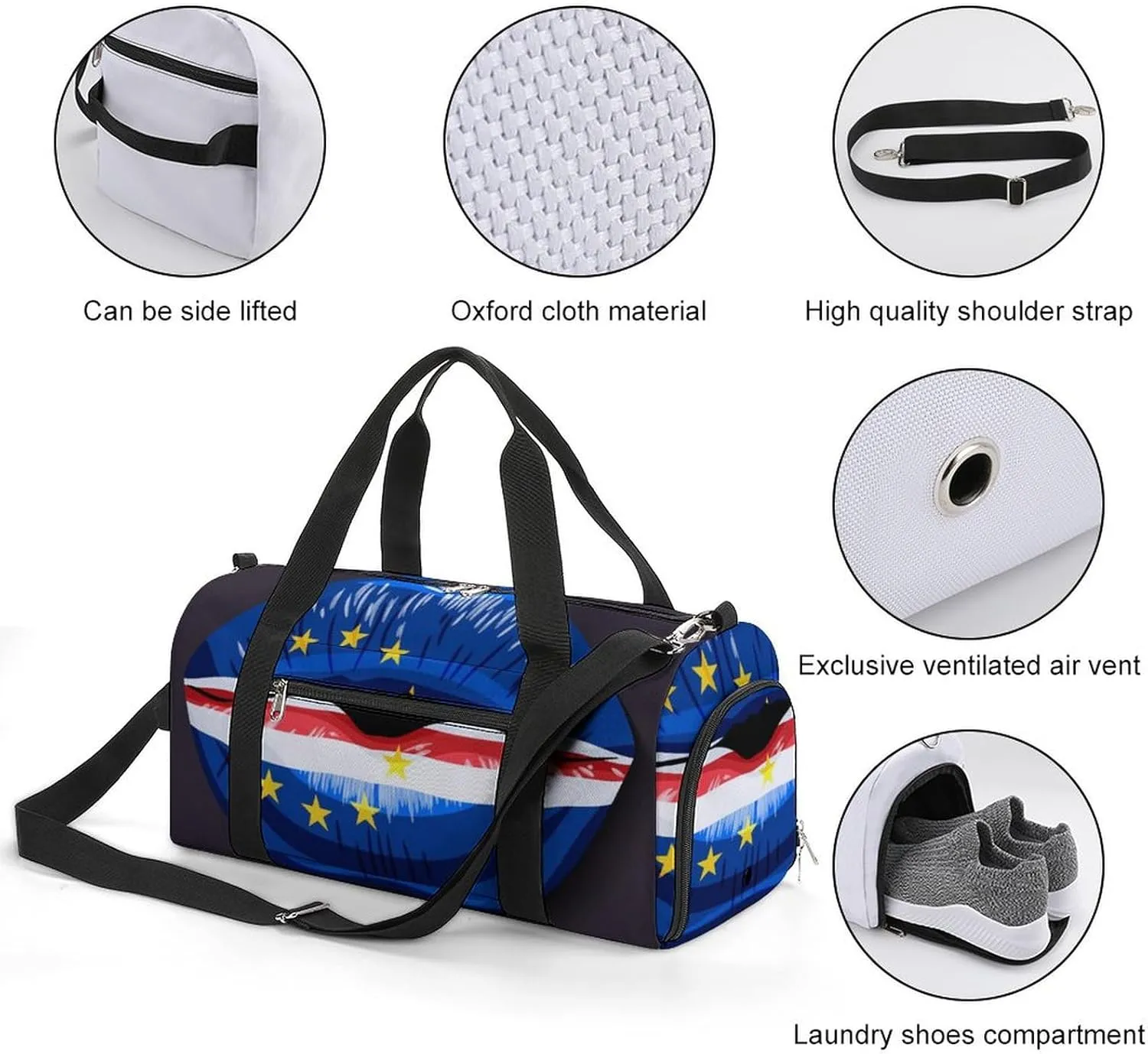 Travel Duffel Bag with Cape Verde Flag Lips for Women and Men Shoe Compartment and Wet Pocket