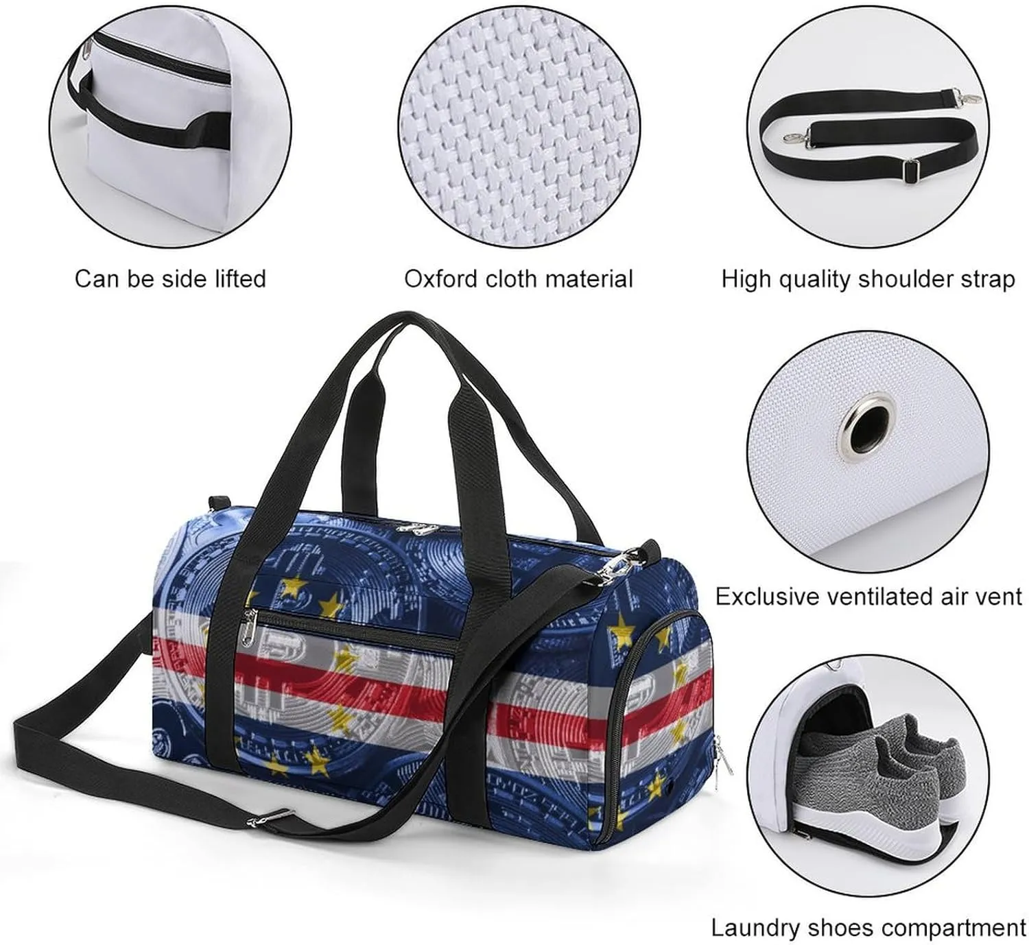 Travel Duffel with Cape Verde Flag Bitcoin Shoe Compartment for Gym Beach and Sports