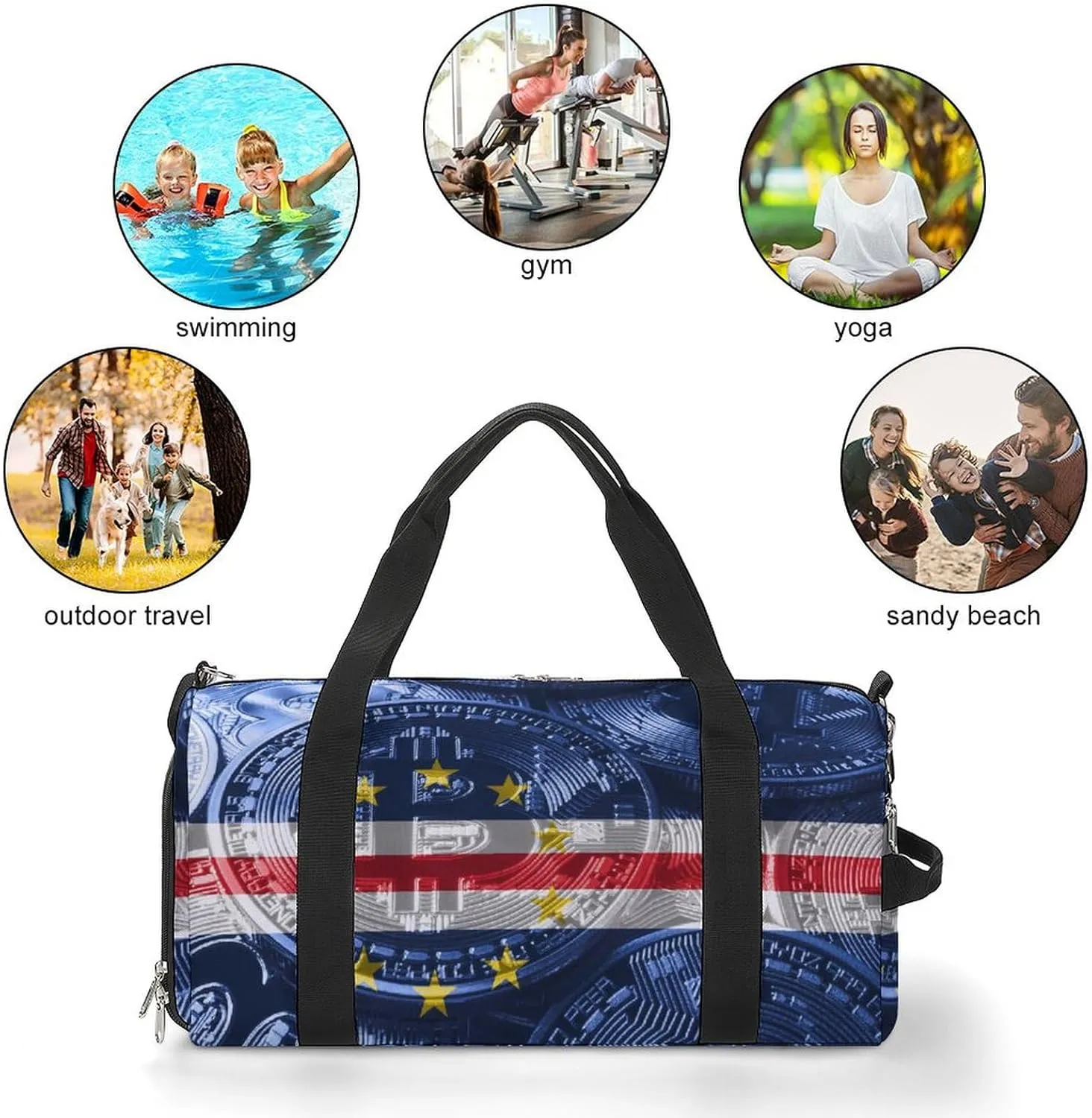Travel Duffel with Cape Verde Flag Bitcoin Shoe Compartment for Gym Beach and Sports