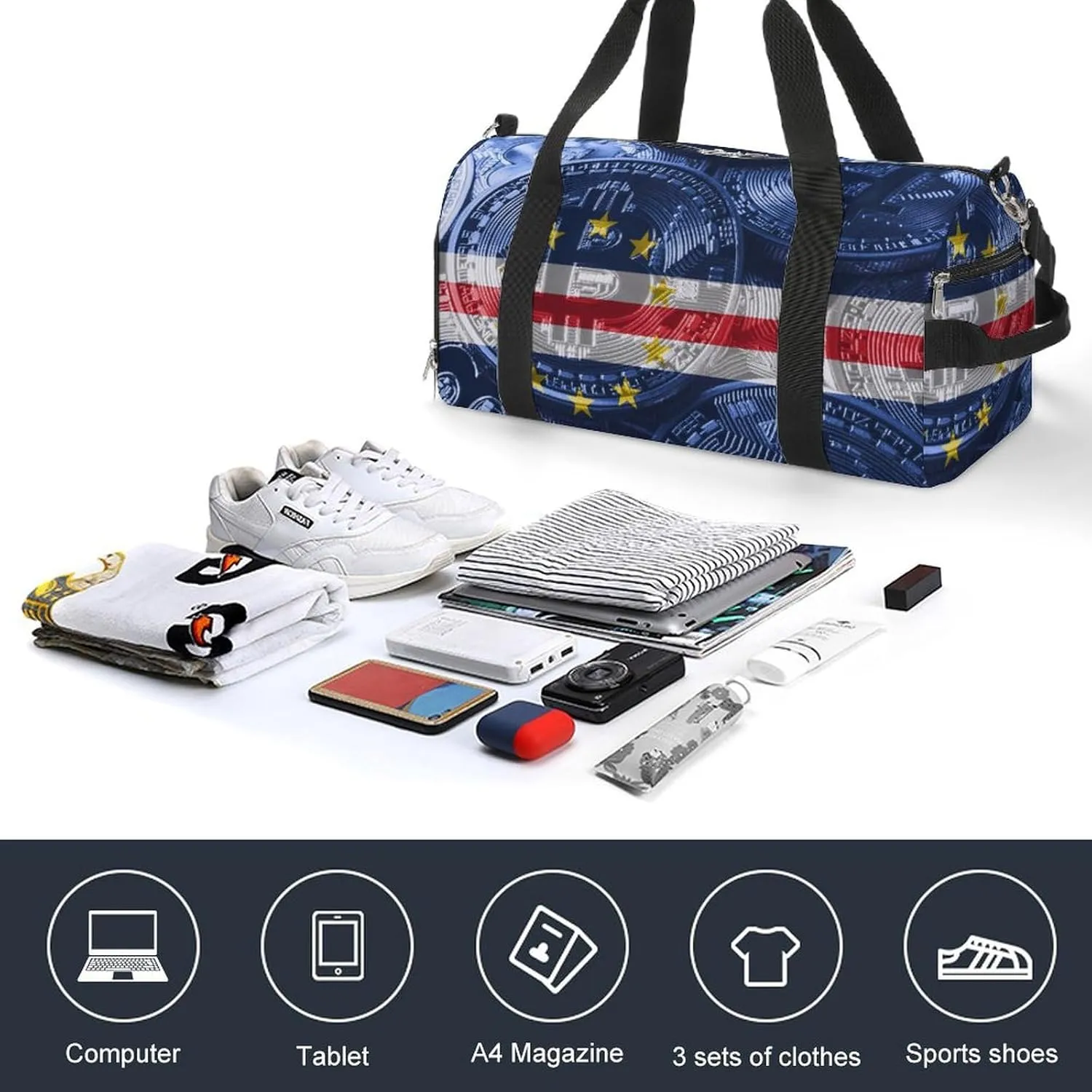 Travel Duffel with Cape Verde Flag Bitcoin Shoe Compartment for Gym Beach and Sports