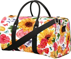 Travel Duffle Bag Flower Sunflower Watercolor Sports Gym Bags for Women Men Weekender Overnight Bags Waterproof Carry On Tote Bag Workout Bag for Dance Swimming Yoga Hospital