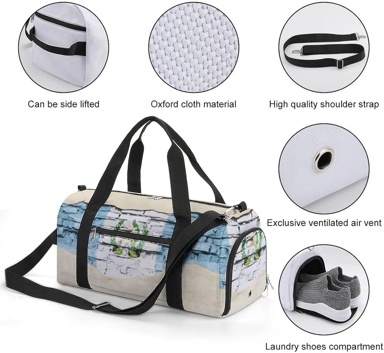 Travel Gym Bag with National Flag Guatemala Brick Background for Men Women Shoe Compartment Weekender