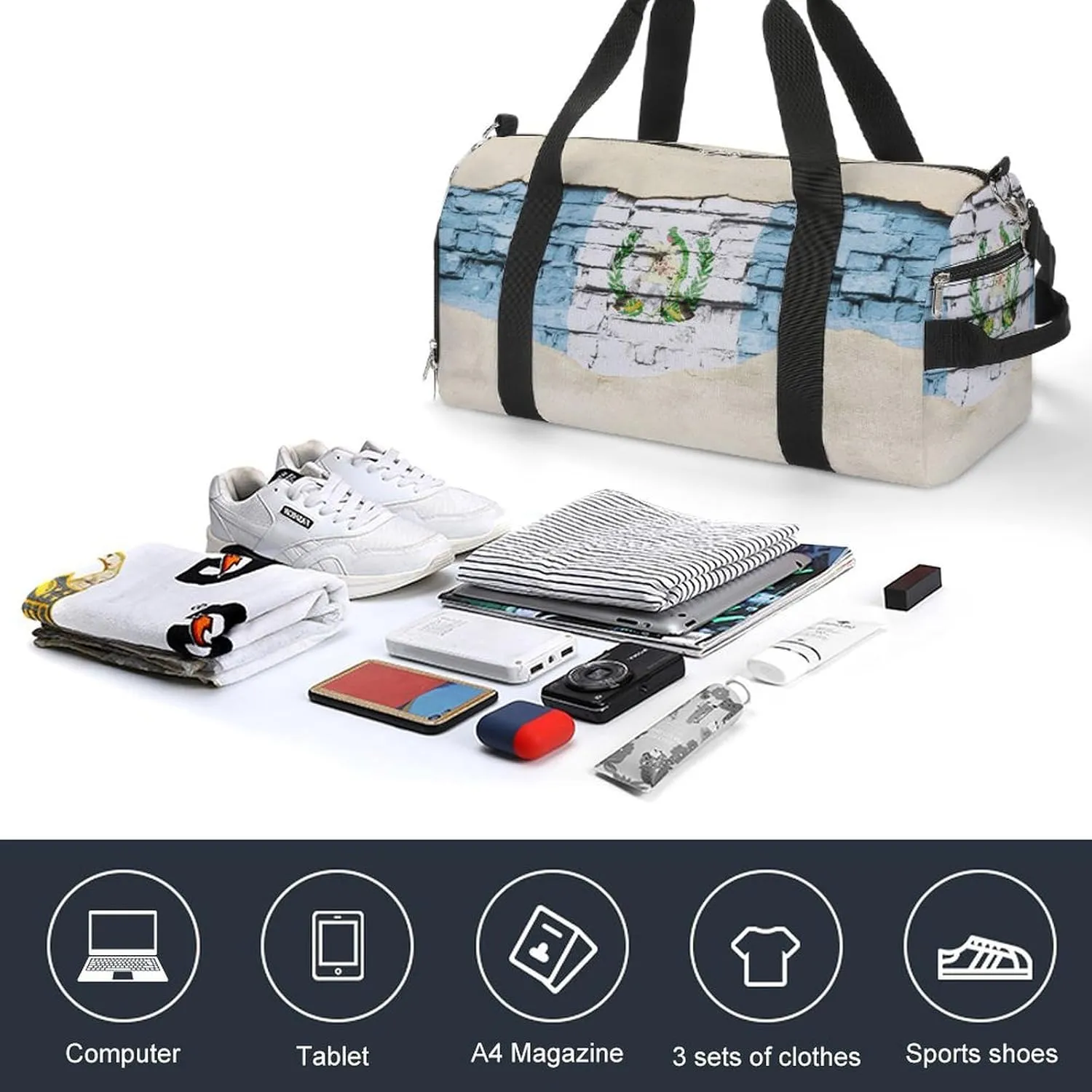 Travel Gym Bag with National Flag Guatemala Brick Background for Men Women Shoe Compartment Weekender