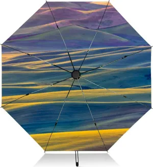 Travel Umbrella for Rain Windproof Scenic landscape sunset an two trees at summer evening Automatic Cute Portable Compact Umbrella for Women Purse Backpack Car Black Sun UV Protection
