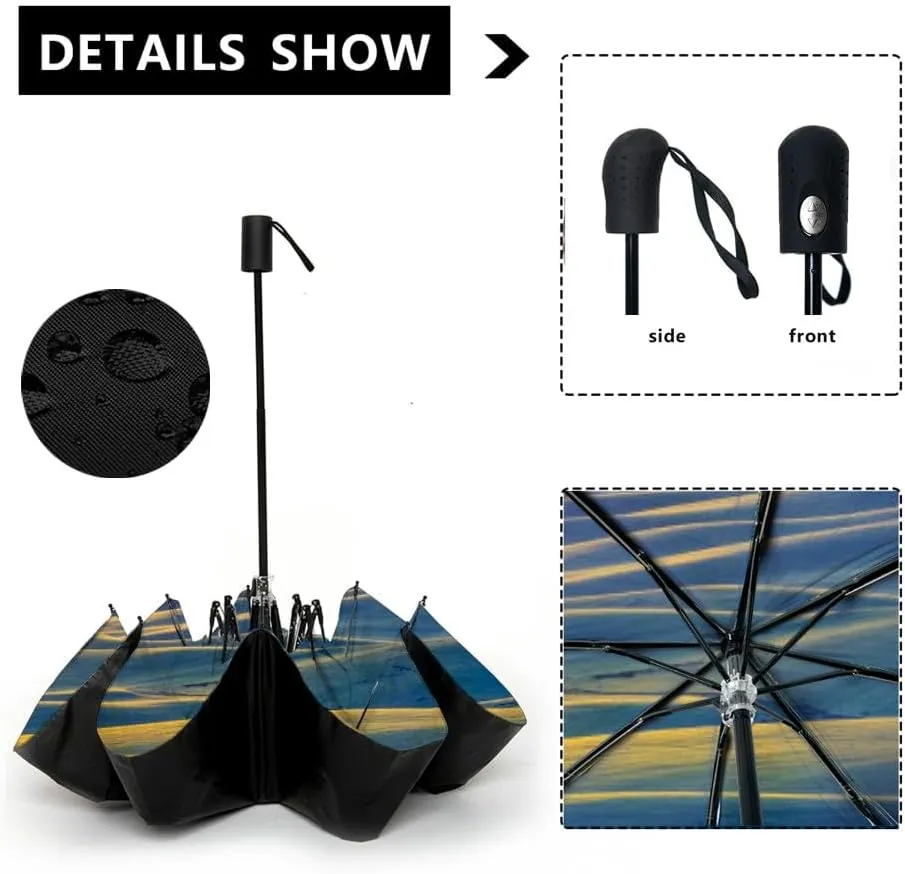 Travel Umbrella for Rain Windproof Scenic landscape sunset an two trees at summer evening Automatic Cute Portable Compact Umbrella for Women Purse Backpack Car Black Sun UV Protection