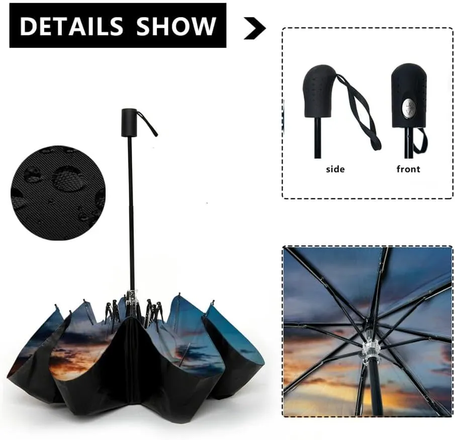 Travel Umbrella for Rain Windproof Sea and evening sky beach Automatic Cute Portable Compact Umbrella for Women Purse Backpack Car Black Sun UV Protection