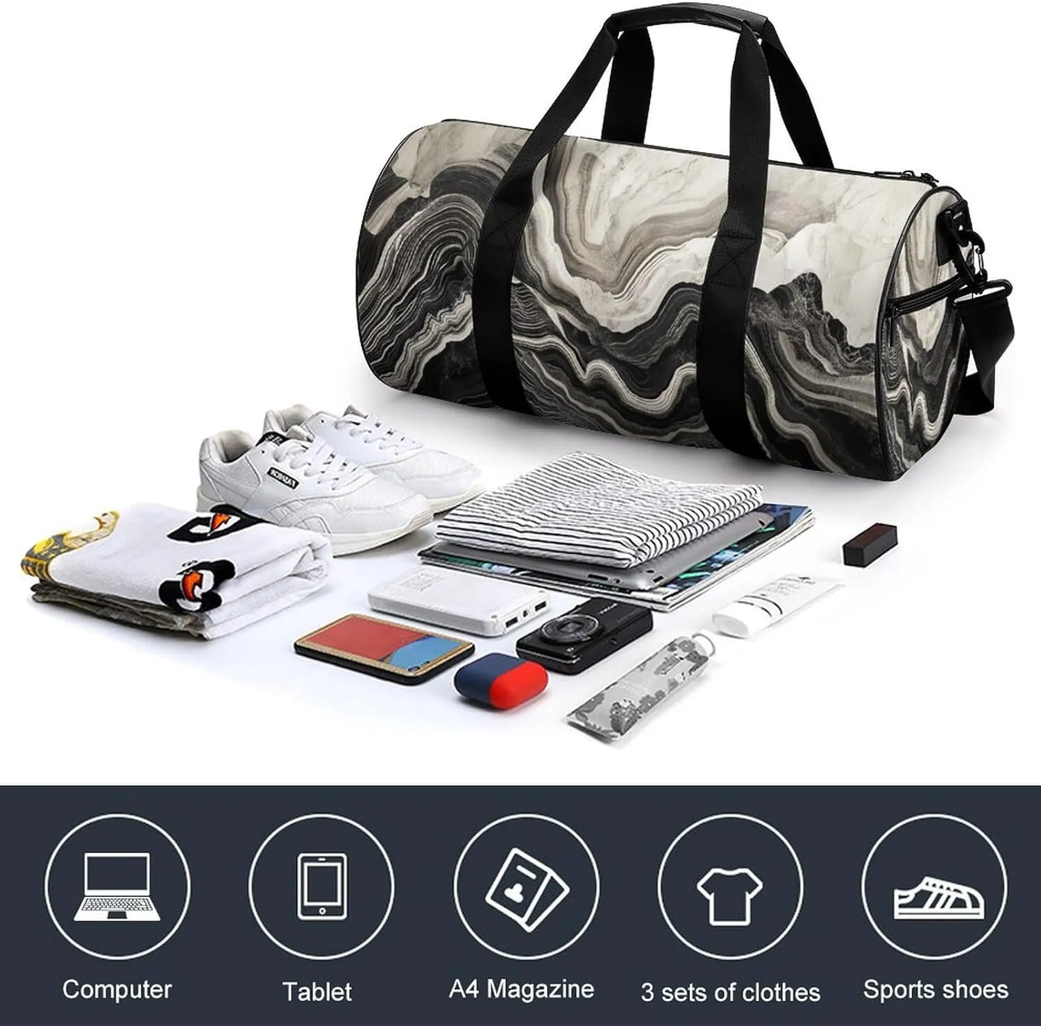 Trees And Mountains Shapes Marble Texture Travel Gym Bag for Women Men Cylindrical Duffle Bag Sport Workout Bag with Shoulder Strap