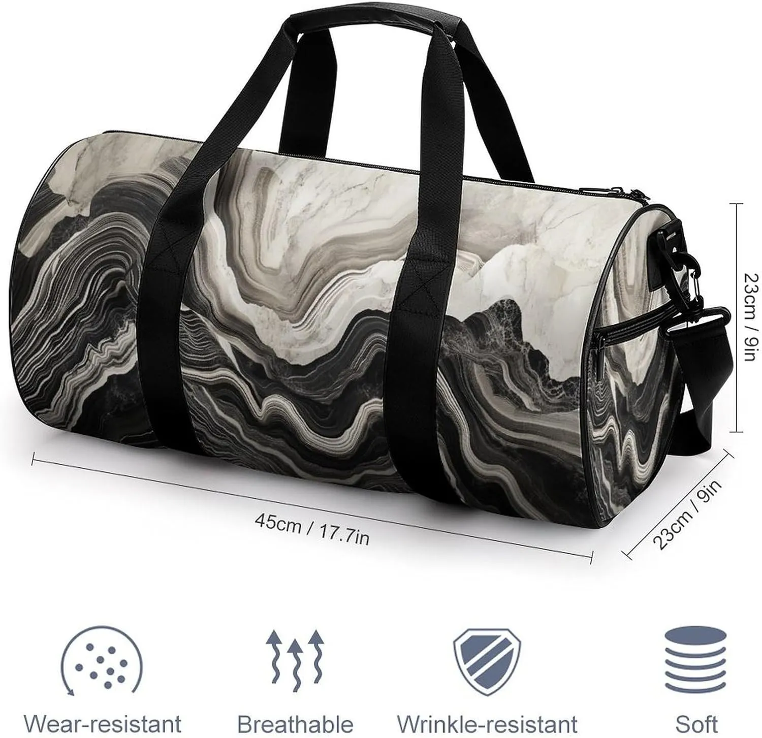 Trees And Mountains Shapes Marble Texture Travel Gym Bag for Women Men Cylindrical Duffle Bag Sport Workout Bag with Shoulder Strap
