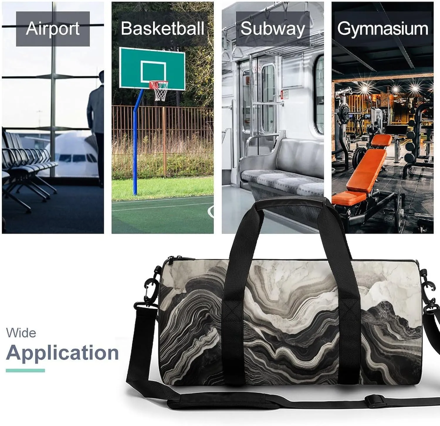 Trees And Mountains Shapes Marble Texture Travel Gym Bag for Women Men Cylindrical Duffle Bag Sport Workout Bag with Shoulder Strap