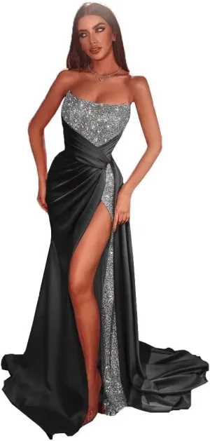 Tsbridal Glitter Sequin Prom Dresses Satin Mermaid Slit Formal Evening Dress Sparkly Long Wedding Guest Gown with Train