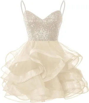Tulle Homecoming Dresses for Teens Spaghetti Strap Sequin Short Prom Dresses Layered Cocktail Mini Dress