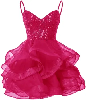 Tulle Homecoming Dresses for Teens Spaghetti Strap Sequin Short Prom Dresses Layered Cocktail Mini Dress
