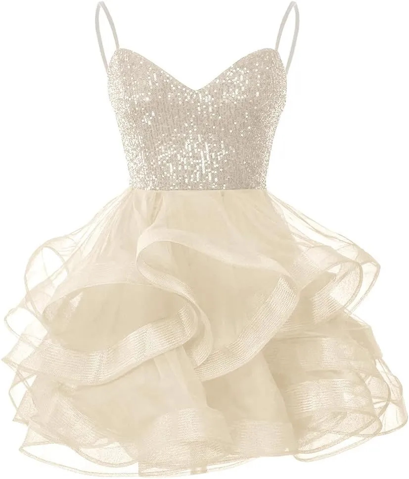 Tulle Homecoming Dresses for Teens Spaghetti Strap Sequin Short Prom Dresses Layered Cocktail Mini Dress