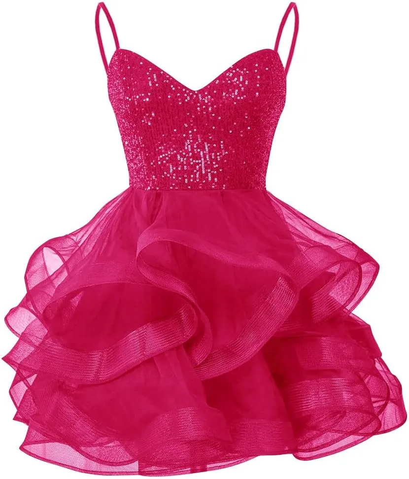 Tulle Homecoming Dresses for Teens Spaghetti Strap Sequin Short Prom Dresses Layered Cocktail Mini Dress