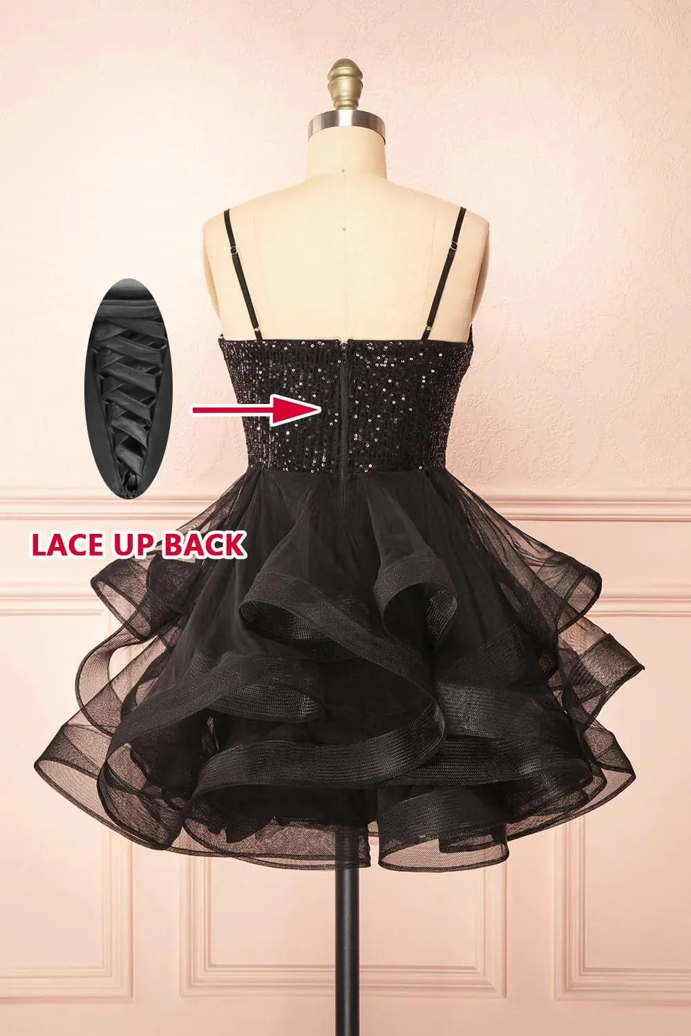 Tulle Homecoming Dresses for Teens Spaghetti Strap Sequin Short Prom Dresses Layered Cocktail Mini Dress