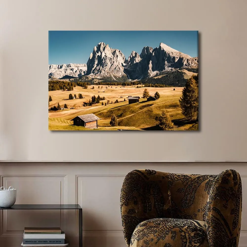 TUMOVO 1 Pieces Wonderful Hiking Nature Scenery In Dolomites Pictures Canvas Wall Art Print, Home Decor, Retro Style Alpine Forest Nature Landscape Log Cabin Large Pictures Artwork (24" Wx36 H)