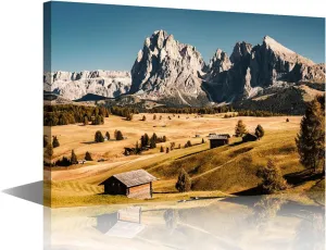 TUMOVO 1 Pieces Wonderful Hiking Nature Scenery In Dolomites Pictures Canvas Wall Art Print, Home Decor, Retro Style Alpine Forest Nature Landscape Log Cabin Large Pictures Artwork (24" Wx36 H)