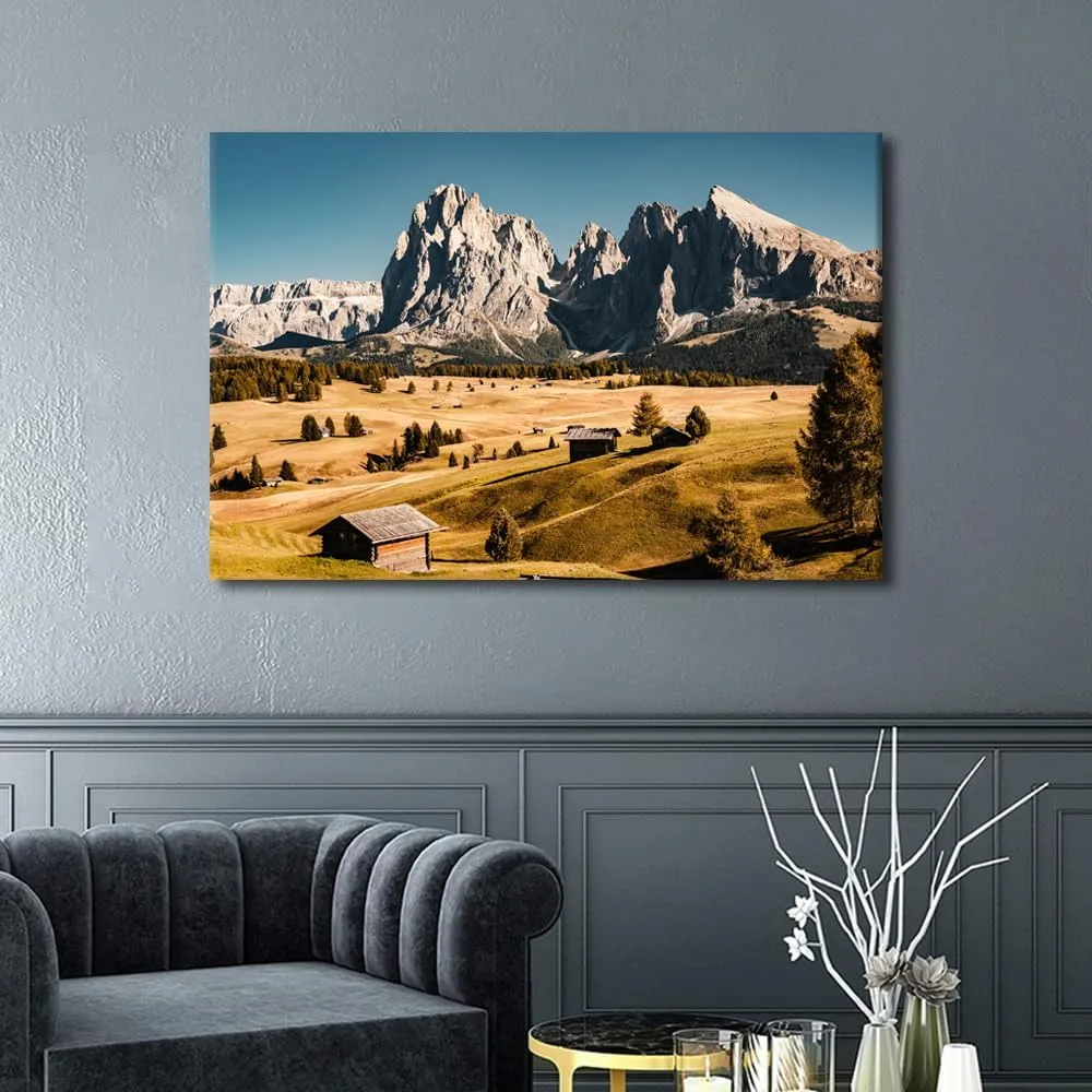TUMOVO 1 Pieces Wonderful Hiking Nature Scenery In Dolomites Pictures Canvas Wall Art Print, Home Decor, Retro Style Alpine Forest Nature Landscape Log Cabin Large Pictures Artwork (24" Wx36 H)