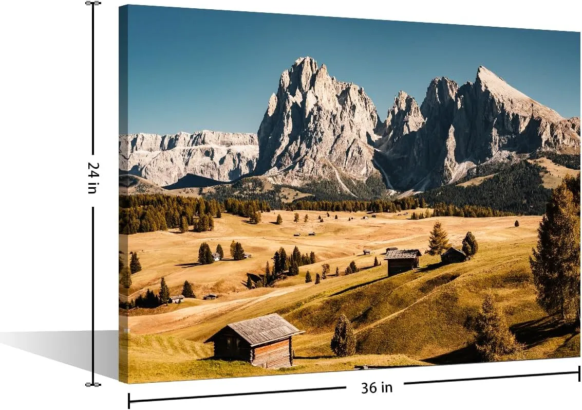 TUMOVO 1 Pieces Wonderful Hiking Nature Scenery In Dolomites Pictures Canvas Wall Art Print, Home Decor, Retro Style Alpine Forest Nature Landscape Log Cabin Large Pictures Artwork (24" Wx36 H)