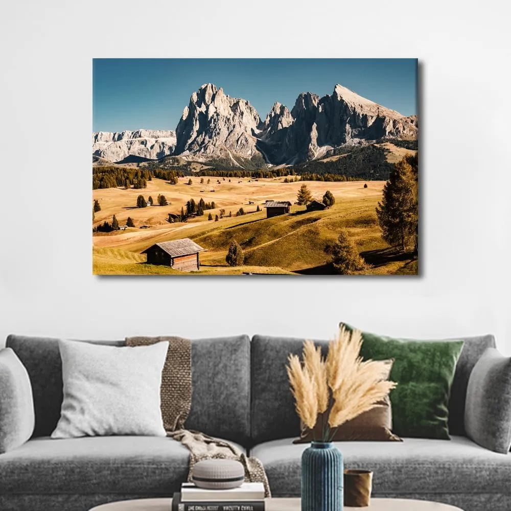 TUMOVO 1 Pieces Wonderful Hiking Nature Scenery In Dolomites Pictures Canvas Wall Art Print, Home Decor, Retro Style Alpine Forest Nature Landscape Log Cabin Large Pictures Artwork (24" Wx36 H)