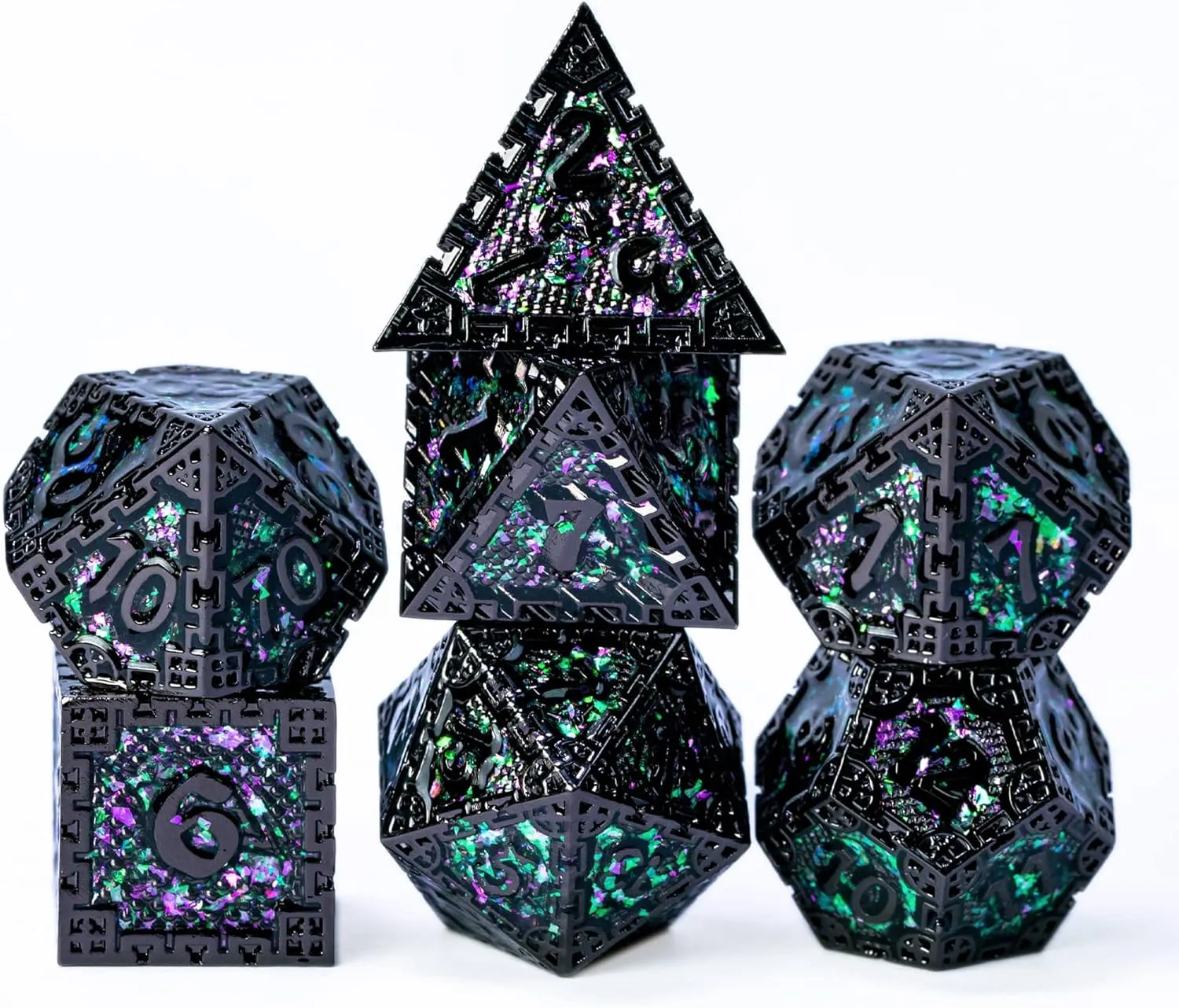 UDIXI Metal DND Dice Set, 7PCS Polyhedral D&D Dice Set Dragon d and d Dice for Dungeons and Dragons Role Playing Dice Game and Other Tabletop Game (Green Sequins)