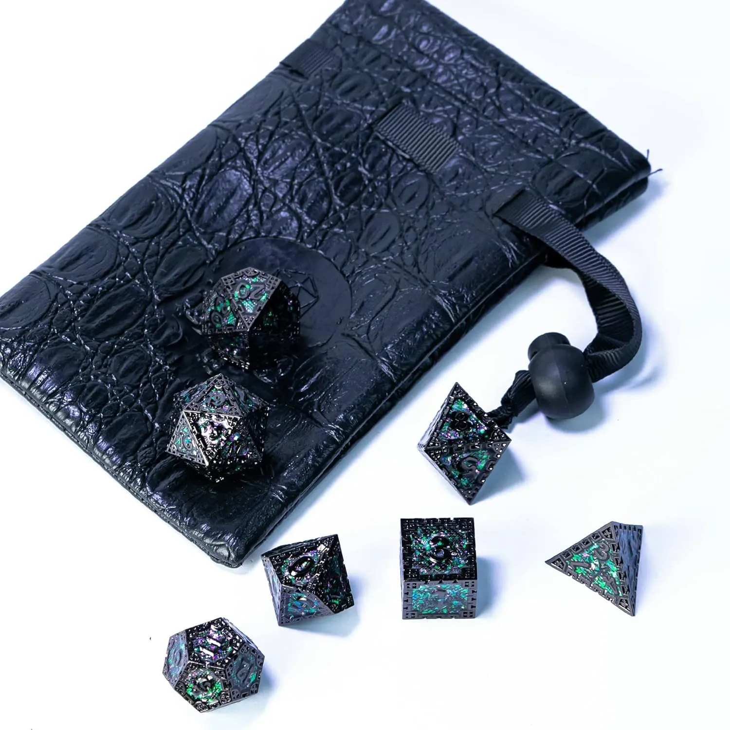UDIXI Metal DND Dice Set, 7PCS Polyhedral D&D Dice Set Dragon d and d Dice for Dungeons and Dragons Role Playing Dice Game and Other Tabletop Game (Green Sequins)