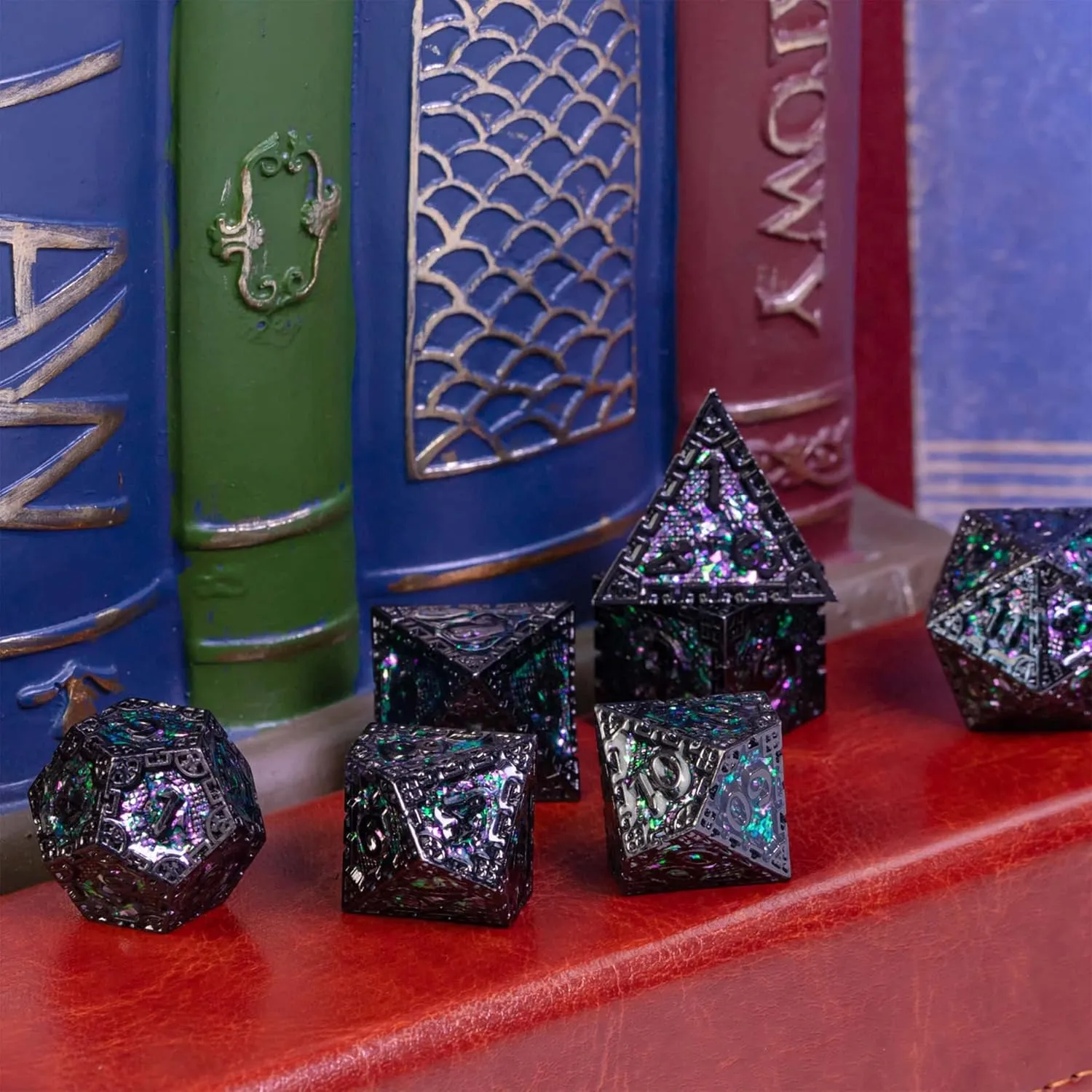 UDIXI Metal DND Dice Set, 7PCS Polyhedral D&D Dice Set Dragon d and d Dice for Dungeons and Dragons Role Playing Dice Game and Other Tabletop Game (Green Sequins)