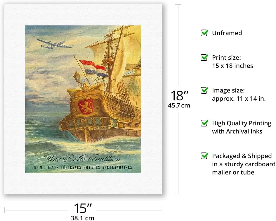 Une Belle Tradition (A Beautiful Tradition) - The Flying Dutchman - KLM Airlines - Vintage Airline Travel Poster by Joop H. van Heusden c.1950s - Fine Art Rolled Canvas Print 11in x 14in