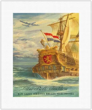 Une Belle Tradition (A Beautiful Tradition) - The Flying Dutchman - KLM Airlines - Vintage Airline Travel Poster by Joop H. van Heusden c.1950s - Fine Art Rolled Canvas Print 11in x 14in