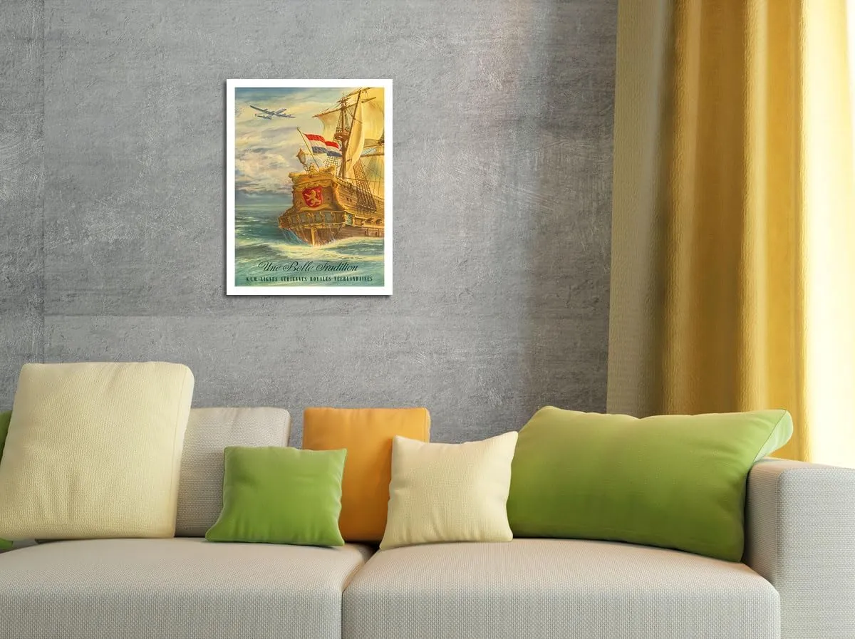 Une Belle Tradition (A Beautiful Tradition) - The Flying Dutchman - KLM Airlines - Vintage Airline Travel Poster by Joop H. van Heusden c.1950s - Fine Art Rolled Canvas Print 11in x 14in