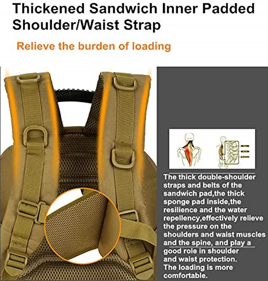 UNISTRENGH 40L Waterproof Tactical Military MOLLE Assault Backpack Pack 3 Way Modular Attachments Large Bag Rucksack with Patch Sport Outdoor Gear For Hunting Cycling Camping Trekking, Coyote Brown