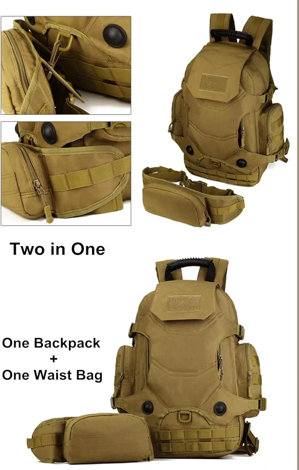 UNISTRENGH 40L Waterproof Tactical Military MOLLE Assault Backpack Pack 3 Way Modular Attachments Large Bag Rucksack with Patch Sport Outdoor Gear For Hunting Cycling Camping Trekking, Coyote Brown