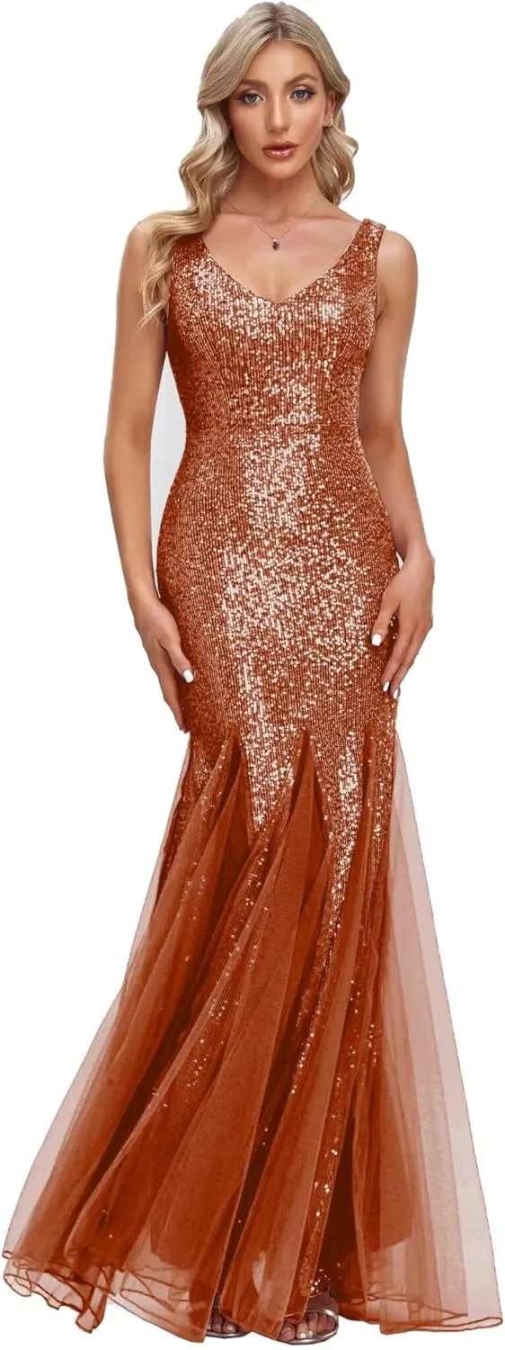 Updated Women's Double V Neck Long Sequined Mermaid Dress Formal Dress Bridesmaid Party Dress