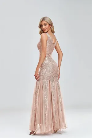 Updated Women's Double V Neck Long Sequined Mermaid Dress Formal Dress Bridesmaid Party Dress
