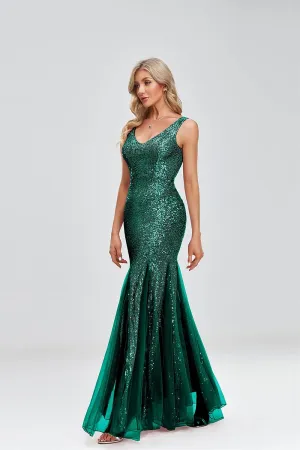 Updated Women's Double V Neck Long Sequined Mermaid Dress Formal Dress Bridesmaid Party Dress