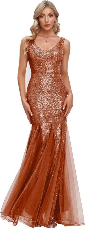 Updated Women's Double V Neck Long Sequined Mermaid Dress Formal Dress Bridesmaid Party Dress