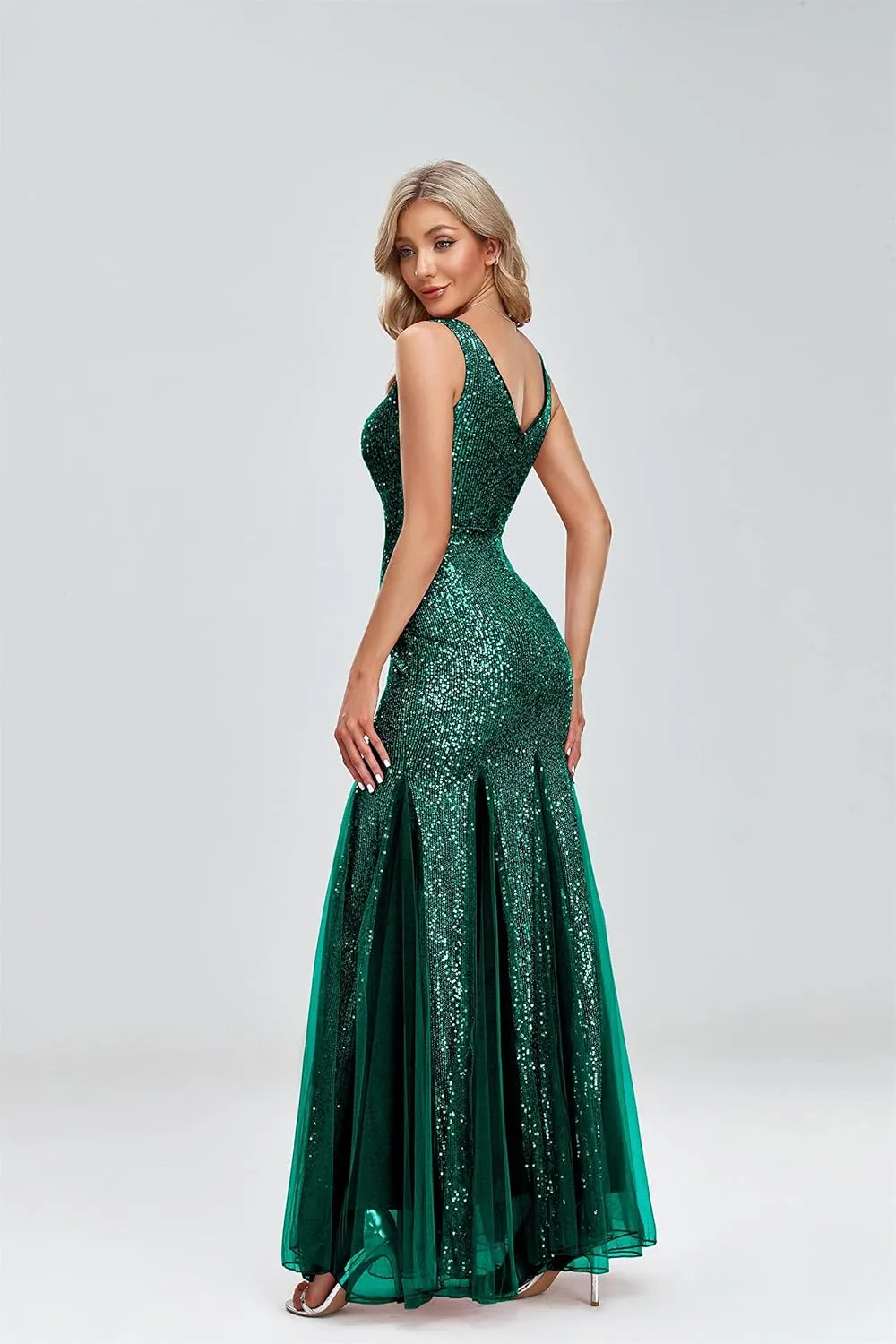 Updated Women's Double V Neck Long Sequined Mermaid Dress Formal Dress Bridesmaid Party Dress