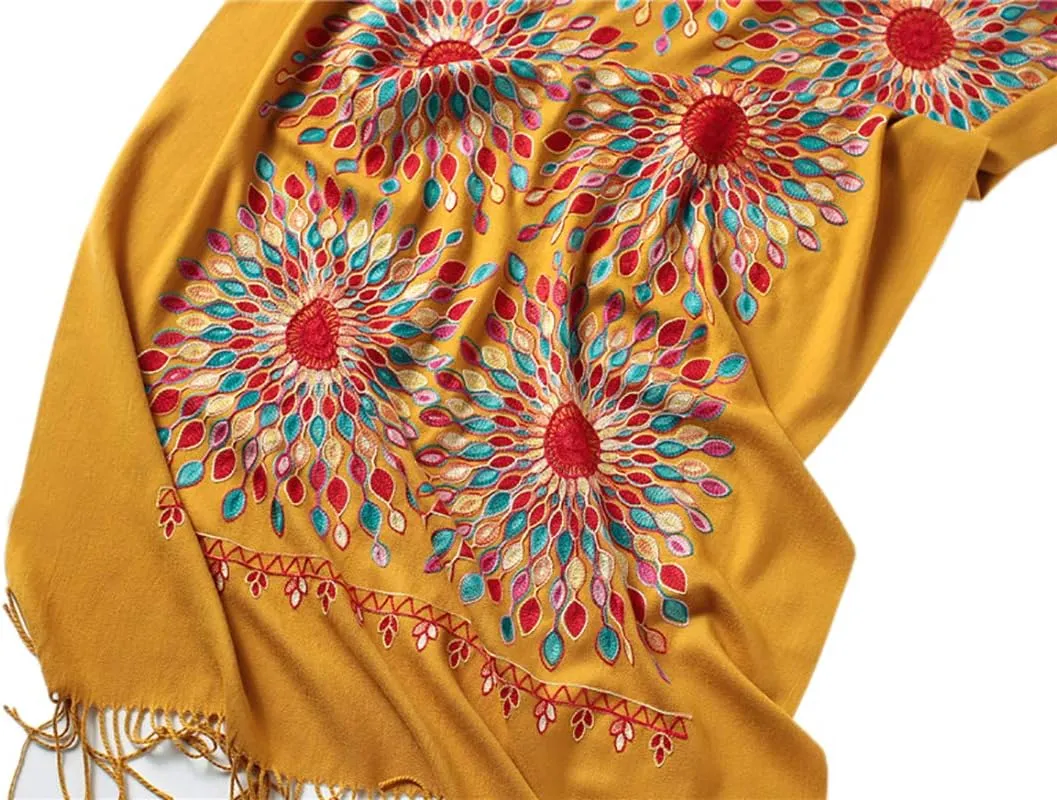 Urban CoCo Women's Embroidered Oversize Tassel Shawl Scarf Wraps for Women