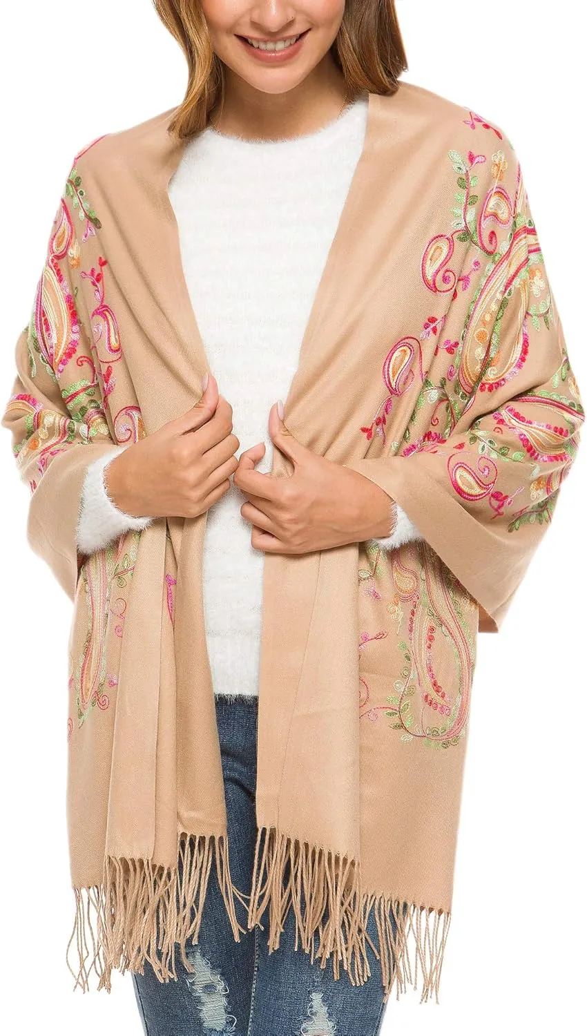 Urban CoCo Women's Embroidered Oversize Tassel Shawl Scarf Wraps for Women