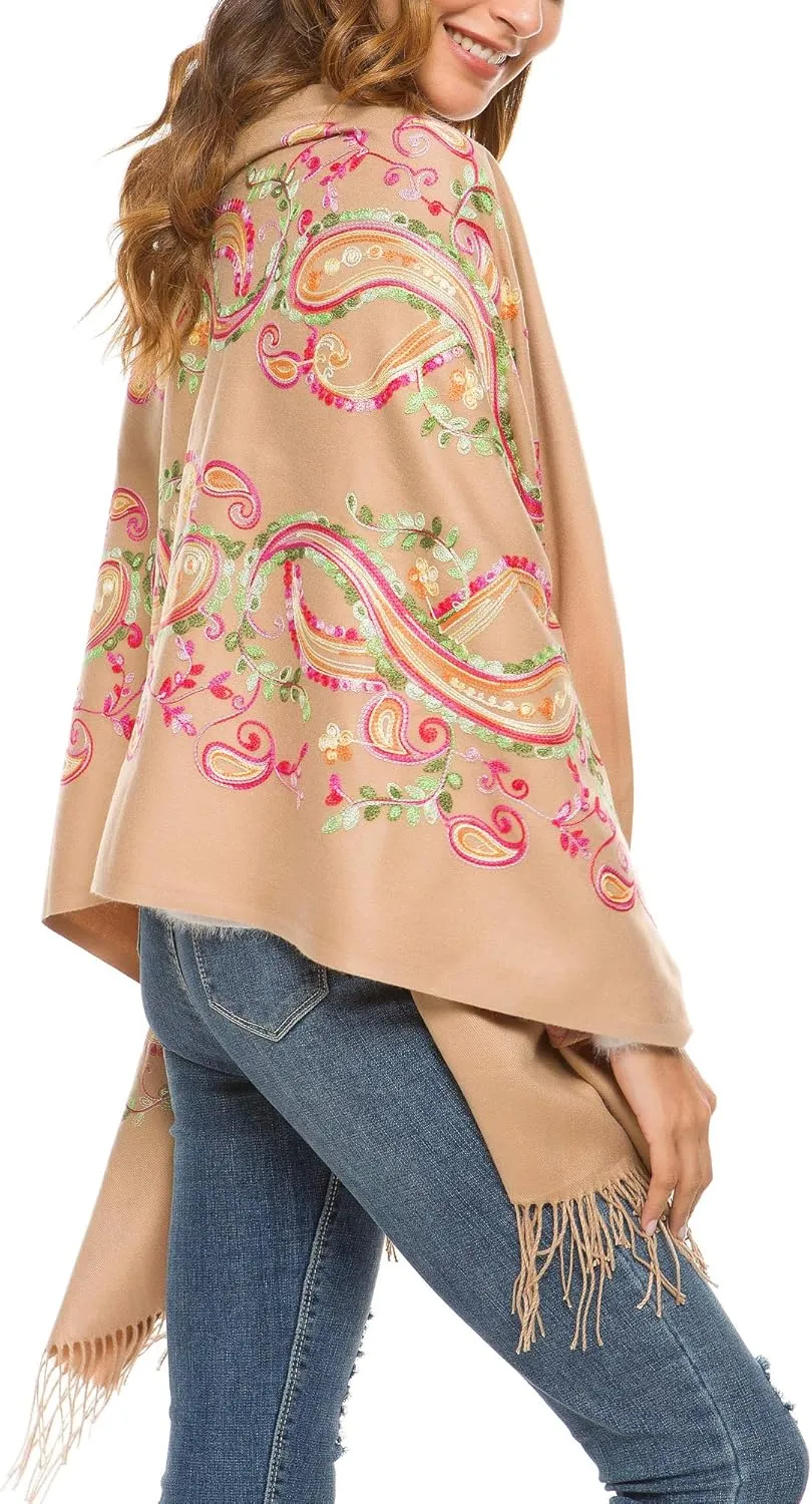 Urban CoCo Women's Embroidered Oversize Tassel Shawl Scarf Wraps for Women