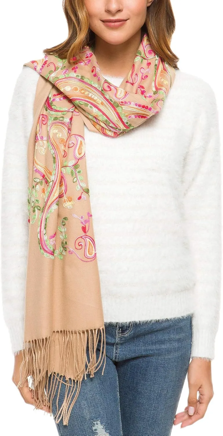 Urban CoCo Women's Embroidered Oversize Tassel Shawl Scarf Wraps for Women