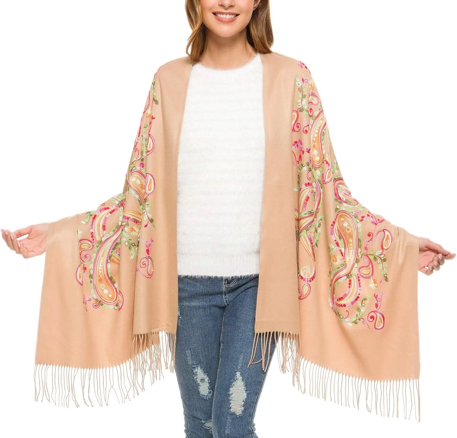 Urban CoCo Women's Embroidered Oversize Tassel Shawl Scarf Wraps for Women