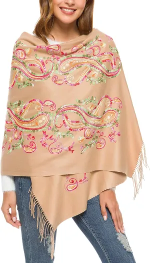 Urban CoCo Women's Embroidered Oversize Tassel Shawl Scarf Wraps for Women